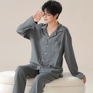 MiiOW | ชุดนอนผู้ชายผ้าฝ้ายแท้แขนยาว ฤดูใบไม้ผลิและฤดูใบไม้ร่วง ชุดอยู่บ้านแบบสวมหัว ชุดกันหนาว ชุดนอนผู้ชาย ชุดนอนผ้าฝ้ายแท้