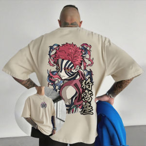 Bandai | Oversized Demon Slayer Akaza Anime Mens T-shirt Cotton Women Short Sleeve Tops Summer Streetwear Graphic Tee Casual Y2k Clothes