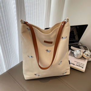 Large Capacity Canvas Tote Bag Womens Summer Fashion Embroidery Underarm Durable Soft Polyester Inner Lining Shopping Bag