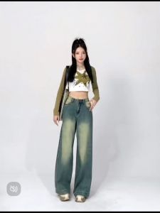 Retro blue high waist wide leg jeans for women new loose drape washed fashionable versatile pants