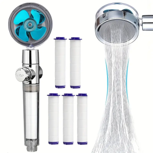 360° Rotating Turbine Fan Handheld Shower Head with 5 Filter Elements High Pressure Water Saving Filter Bathroom Shower