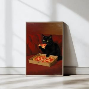 Whimsical Black Cat Wall Art – Funny Kitchen Decor Cute Cat Illustration Print Playful Food Lover Poster for Home & Dining Roo