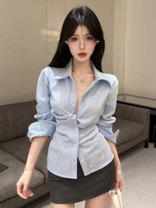 GUZILIAN | เสื้อเชิ้ตแขนยาวผู้หญิง Pure Desire Design กระโปรงสั้นรัดเอว ทรงเข้ารูป ดีไซน์เก๋ไก๋ สำหรับฤดูใบไม้ร่วงและฤดูหนาว