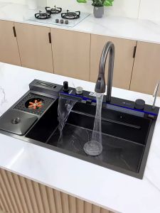 Digital Display 304 Stainless Steel Kitchen Sink Lababo Stainless Complete Set With Trash Can Honeycomb Embossed Large Single Sink With Faucet Set 5MM thick sink