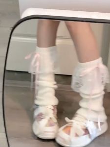 Kaus Kaki Bertumpuk Busur Renda Warna Solid Y2k Gadis Gadis Putih Tipis Siswa Legging Lucu Perempuan