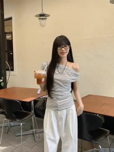 Striped Off Shoulder Top Women Asymmetrical Slant Neck Short Sleeve Slim Summer Casual T-Shirt