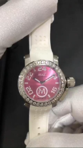 Max XS36 Trendy Sports AAA Grade Cubic Zirconia Bezel Pink Dial White Silicone Strap Womens Watch 36mm 5-MAX557