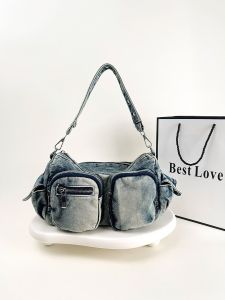 Retro Washed Denim Underarm Bag Ladies Crossbody Handbag Soft Handle Vintage Style Casual Shoulder Bag for Women Medium Size