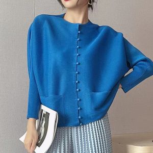 Miyake Women Pleated Jacket Stand-up Collar Long-sleeved Large Size Loose Single-breasted Casual #2066