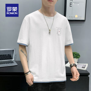 ROMON | Lormen Mens Ice Silk Short Sleeve T-Shirt Summer Thin Print Round Neck Half Sleeve Pure Cotton Cool Feeling Fashion Urban Style