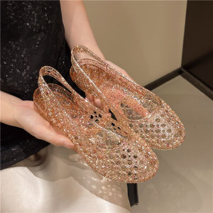 Summer Women Crystal Jelly Hollow Sandals Lady Open-Toe Fish Mouth Flat Hole Shoes Adult Soft Sole Breathable Mom Shoes Casual
