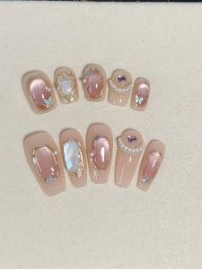 Gentle Beautiful Gold Plated Fake Nails Baroque Cat Eye Nail Art Wearable False Nails White Enhancing Soft Color Nail Tips
