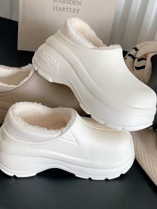 รองเท้าหน้าหนาวที่เรียบง่ายซับขนแกะที่อบอุ่นรองเท้าหิมะกันน้ําสุภาพสตรีกลางแจ้งสบายสีทึบรองเท้าผ้าฝ้าย