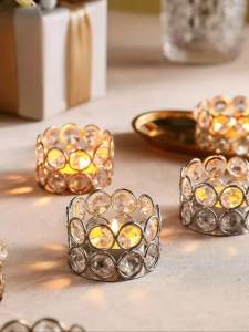 Crystal Tealight Candle Lantern Holders Crystal Candlestick Desktop Candlelight Dinner Prop Metal Ornament Candle Holder