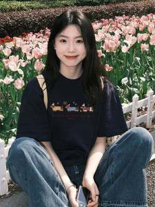 Retro American Blue Cotton Short Sleeve T-Shirt Womens Summer Loose Versatile Print Top Street Style Neutral Cotton Fabric round Neck