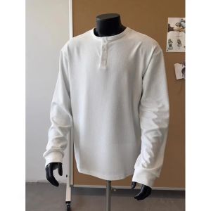 Black Henley Neck Long Sleeve T-Shirt for Men Spring Autumn American Style Drop Shoulder Casual Wear