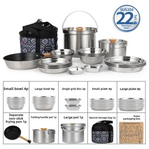Mountainhiker | CLS 14PCS 22PCS Camping Cookware Set 304 Stainless Steel Outdoor Portable Picnic Tableware for Household Hiking Bowl Pot Set