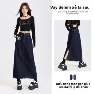 La Chapelle | Chân váy jean chữ A form rộng dài vừa có xẻ tà phong cách retro