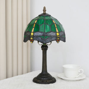Tiffany Style 8 Inch Stained Glass Green Dragonfly Small Bedside Lamp Reading Antique Desk Light Living Room Office Vintage Art