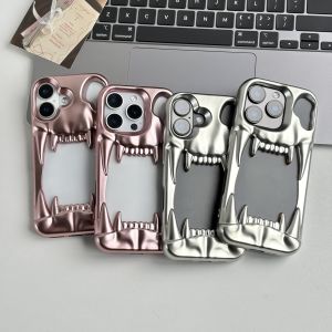 Fashion Metal Matte Rose Gold Hollow Skull Tiger Teeth Heat Dissipation Soft TPU Cover Case for iPhone 12 13 14 15 16 17 Pro Max