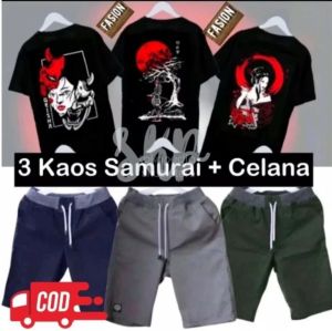 [FLASH SALE] SETELAN 3 KAOS SAMURAI JEPANG + 3 CELANA PENDEK CHINO RIB DISTRO KEREN MOTIF TERBARU