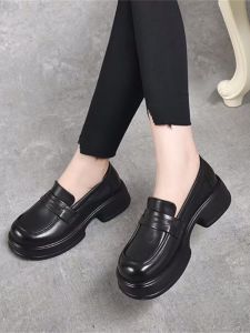 Fashionable Thick Bottom Platform Loafers Womens Shoes Soft Leather round Toe Deep Mouth Casual Single Shoes Spring Autumn