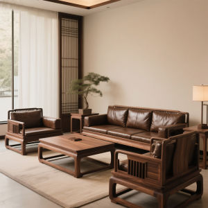 New Chinese Style Full Solid Black Walnut Wood Sofa Combination Zen Aesthetic Villa Genuine Leather Sofa Modern Simplicity