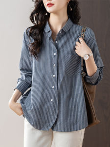 September Stripe Long Sleeve Womens Shirt Cotton Linen Style Commute Simple Loose Fit Polyester Fiber Regular Length