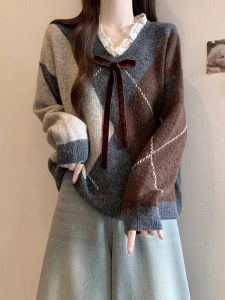 2025 Spring New plus Size Womens Lace V-Neck Knitted Sweater Diamond Pattern Christmas Retro Matched Top Loose Fit Long Sleeve