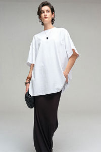 INFFTRU Womens Loose Fit Cotton T-Shirt Short Sleeve round Neck Five-Quarter Length Spring 2025 Style Casual Pure Color Top