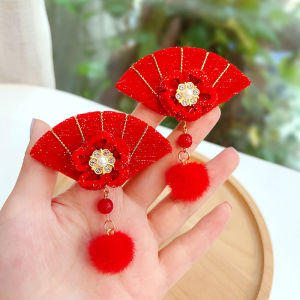 Velvet Red Fan Hair Clip Chinese Style Baby New Year Hair Accessories Girls Children Sash Tassel Hanfu Headwear Baby Hair Card