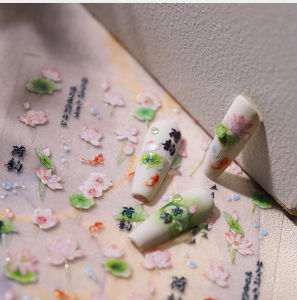 5D polarized pink lotus nail stickers green leaf koi design self-adhesive nail stickers Chinese style Summer nail stickers DIY
