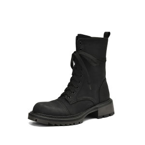 Brown Leather Martin Boots Womens Autumn Winter Boots Thick mid Heel Cross Buckle Short Boots British Style Youth Warm round Toe