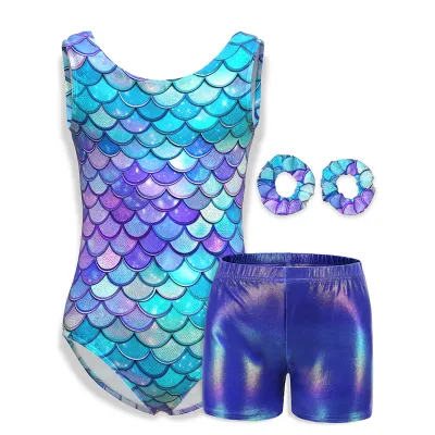 Girls Gymnastics Leotards Childrens Dancewear Clothing with Matching Shorts Hairband for Kids