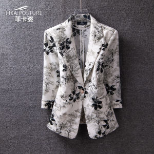 เสื้อสูทแขนสั้นพิมพ์ลายแฟชั่นสำหรับผู้หญิง สไตล์ฤดูใบไม้ผลิและฤดูร้อน เสื้อคลุมกันหนาวแบบบาง ทรงสลิมฟิต ทรงเข้ารูป เสื้อสูทสั้น