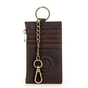 High Quality Apple Tracker Cases Retro Crazy Horse Leather Rfid Blocking Credit Card Holder Anti Theft Metal Chain Silm Zipper Wallet with Zipper Coin Pouches
