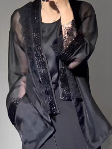 Spring New Chinese Style Womens Shirt Luxury Black Lace Top High-End Splicing Mini Shirt Long Sleeve V-neck Mid-length Straight-cut