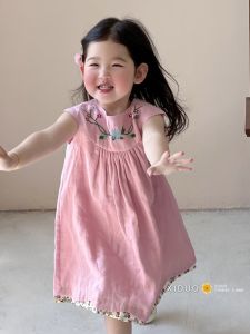 Princess Dress for Girls Summer New Style Embroidered Floral Print Pink Korean Style Childrens Clothing Baby Girls Dress