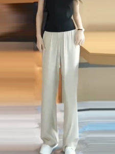 กางเกงขายาวทรงหลวมเอวยางยืดสำหรับผู้หญิง กางเกงขายาวทรงตรงผ้าโพลีเอสเตอร์ ทรงหลวม ทรงหลวม ฤดูร้อน 2025 กางเกงขายาวทรงตรงสำหรับใส่ไปทำงาน