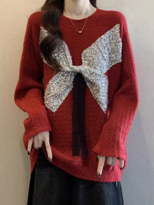 เสื้อสเวตเตอร์สีแดงทรงหลวมสำหรับผู้หญิงในฤดูหนาวพร้อมโบว์ใหญ่ประดับเลื่อม เสื้อคลุมกันหนาวแบบสวมหัวที่สวมใส่สบายและทันสมัย