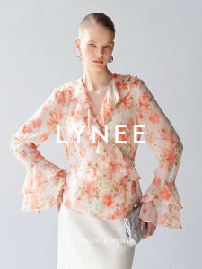 Romantic Ruffled Hem Printed Silk Blend Wrap Shirt
