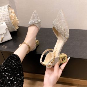 Water Diamond Thick Heel Sandals Womens Summer New One-Row Buckle High Heels Pointed Toe Hollow Single Shoes Glue Stick Shoes