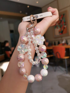 Mobile Phone Lanyard Short Four-Leaf Clover Crystal Mobile Phone Double Chain Wrist Strap Womens Ins Style Ornaments Influencer Picks Colorful round Beads Lanyard Anti-Separation Rope Drop-Resistant Durable Small Pendant