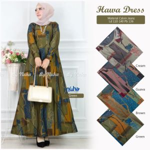 Hawa Dress By Nuha Gamis Harian Jumbo Ld 110 - 130 Calvin Jeans Cream Guava Green Brown