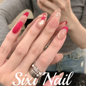 Low Saturation Handmade French Red Nail Art Star Design Wearable Nail Tips Spring Summer Trendy Beauty Nail Stickers by SIXI