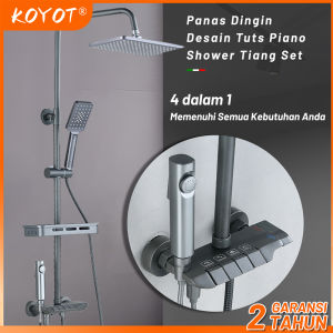 KOYOT Desain Tuts Piano Shower Kamar Mandi Full Set Panas Dingin Persegi Abu-abu dengan Mixer Panas Dingin 4 Ways / Jet Shower / Hand Shower Mandi / Kran Panas Dingin / Kepala Shower Mandi / Tempat Sabun Shower Kamar Mandi Satu Set