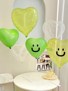 Green Heart Shaped Smiley Face Table Number Balloon Decorations Cute Cartoon Style Latex Balloons Festive Accessories