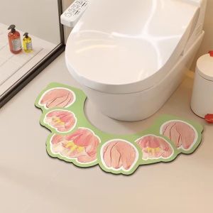 VIKAMA Oil Painting Floral U-Shaped Floor Mat Artistic Flower Print Non-Slip Rug Absorbent Toilet Mat for Bathroom Decor