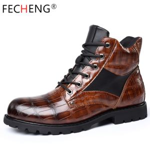 FECHENG Men Boots Autumn Spring Leather Round Toe Grid Pattern Square Heel Males Shoes Exquisite Fashion Leisure Design Men Boots