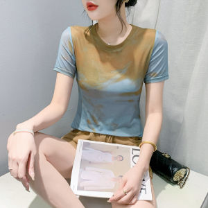 YIMEI Fashionable Tie Dyed Womens T-shirt Short sleeved Summer New Round Neck Mesh Top Tight and Versatile Pullover